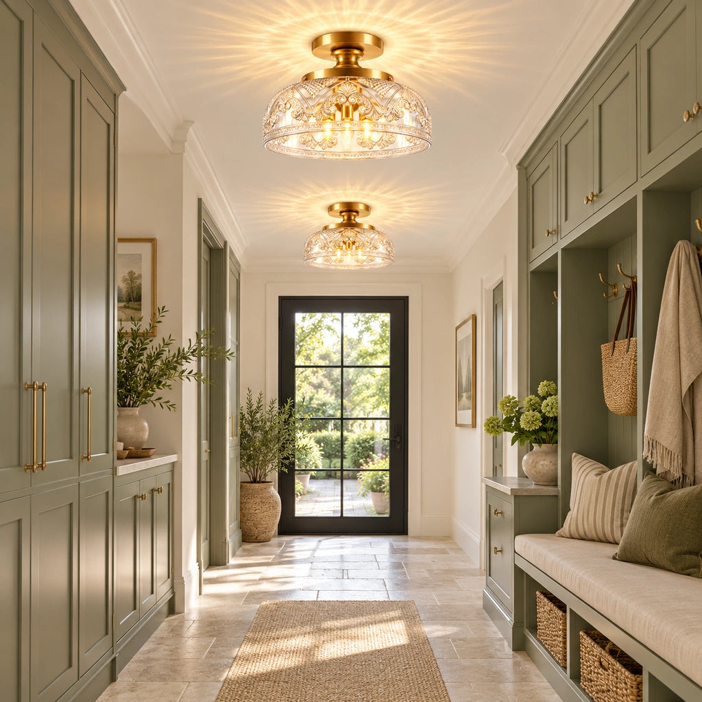 Celia 3-Light Gold Etched Glass Semi-Flush Mount Ceiling Light, medium installed mudroom scene