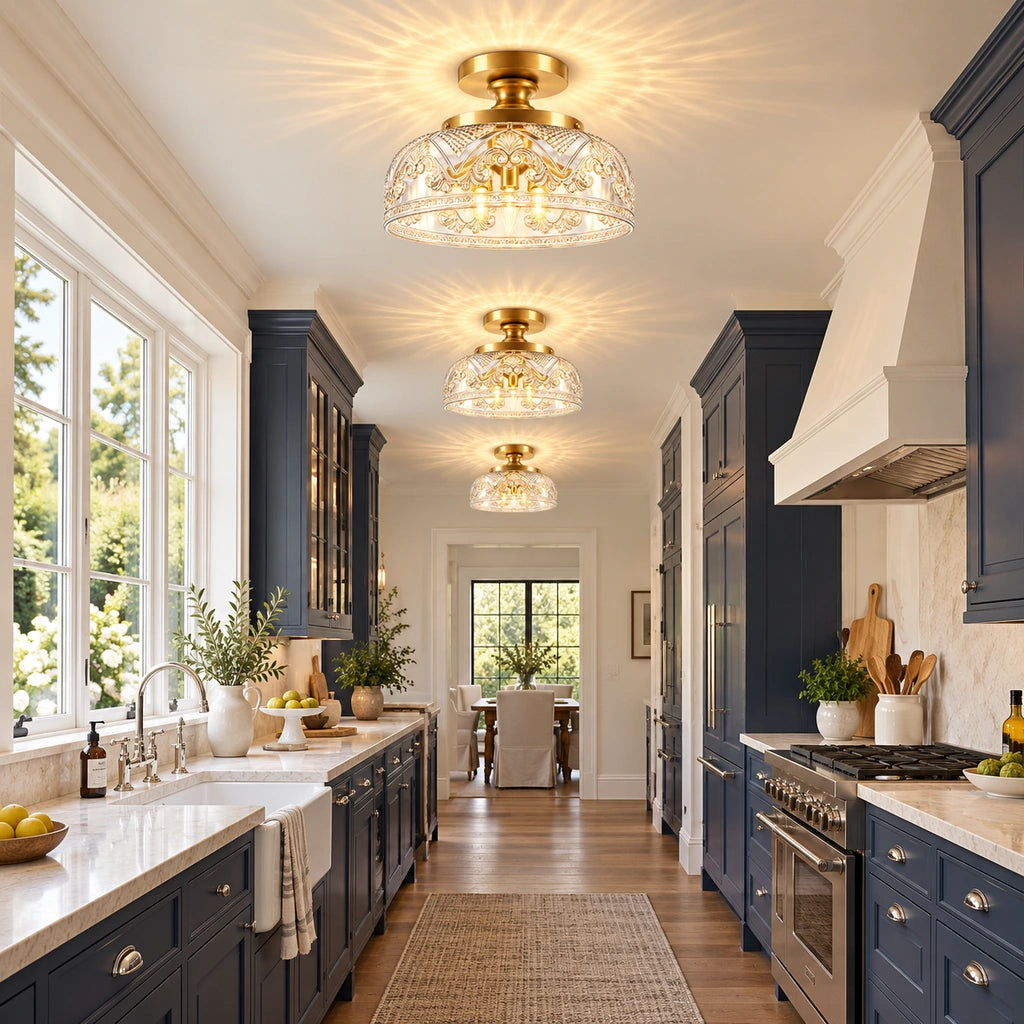 Celia 3-Light Gold Etched Glass Semi-Flush Mount Ceiling Light, medium installed kitchen scene