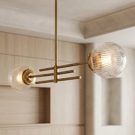Osamah Minimalist Horizontal Ribbed Glass 2-Light Brass Chandelier
