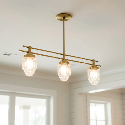 Erskine Modern Linear Triple Head Brass Glass Chandelier