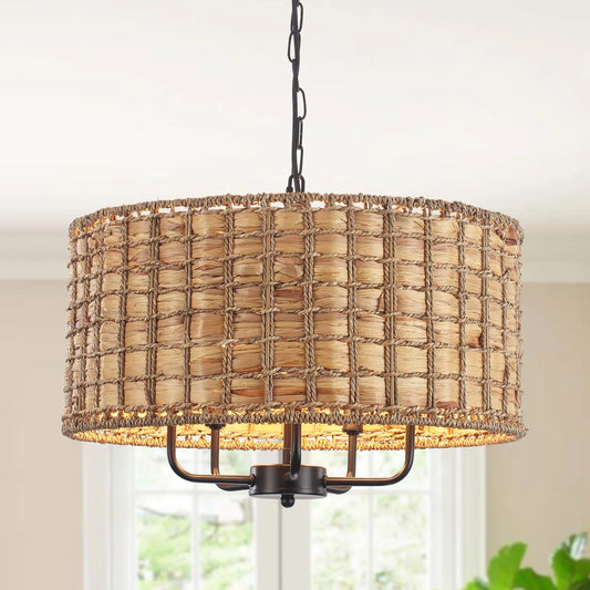 Chione Rustic Bohemian Rattan Drum Pendant Light