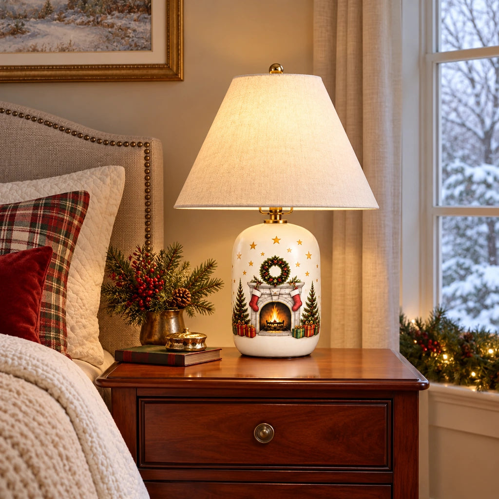 Christmas Fireplace table lamp in a festive living room