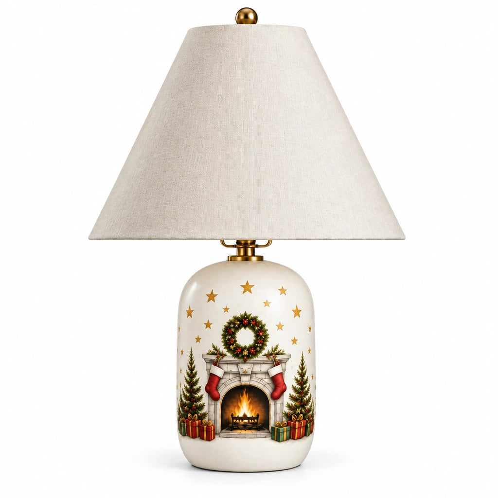 Christmas Fireplace finish table lamp switched off