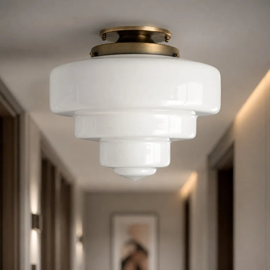 Clare Art Deco Stepped Tiered Milk Glass Ceiling Light