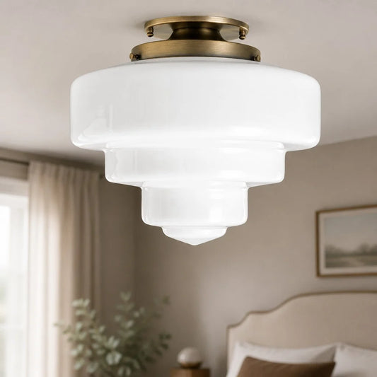 Clare Art Deco Stepped Tiered Milk Glass Ceiling Light
