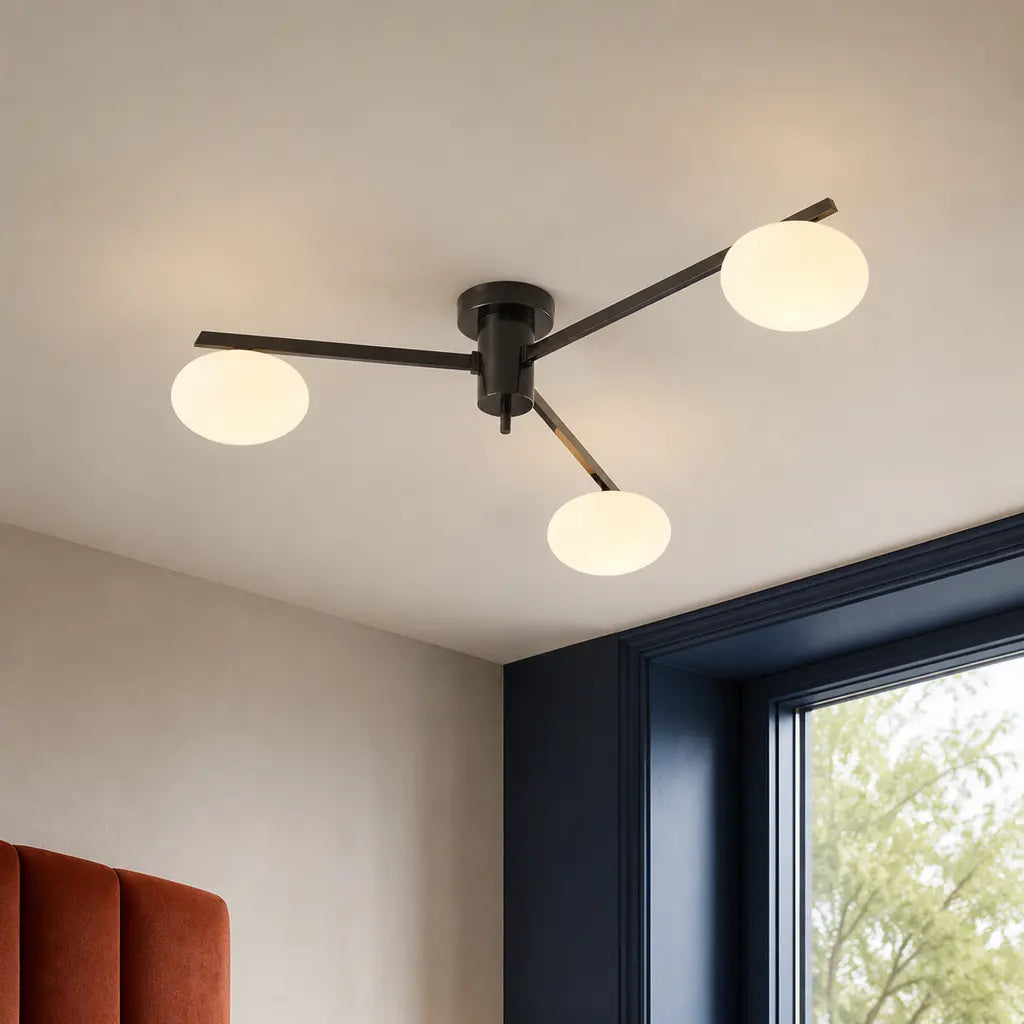 Clees mid-century white glass flush mount ceiling light, Black 3Head, installed close view