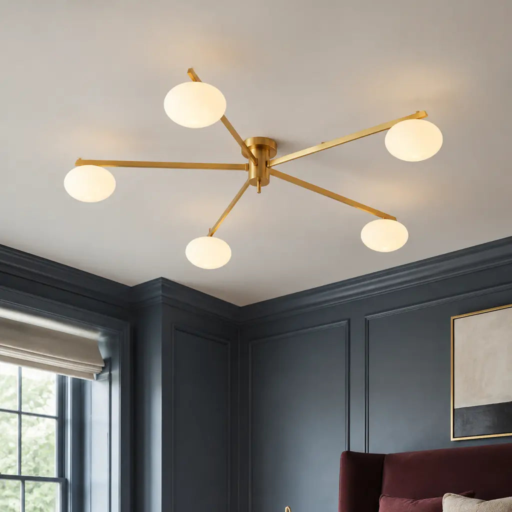 Clees mid-century white glass flush mount ceiling light, Brass 5Head, installed close view