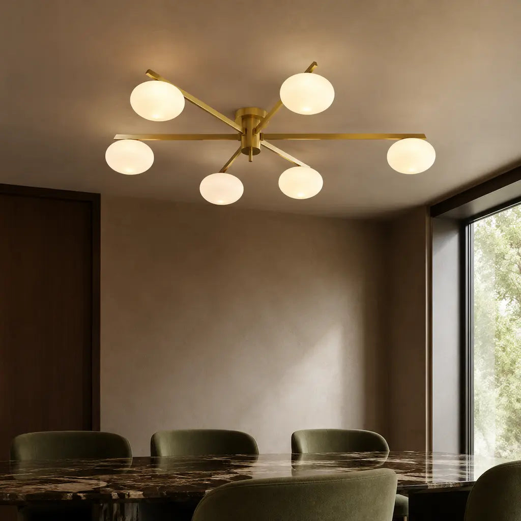 Clees mid-century white glass flush mount ceiling light, Brass 6Head, installed close view