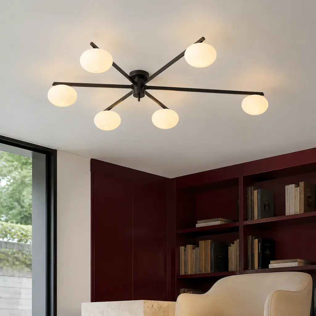 Clees mid-century white glass flush mount ceiling light, Black 6Head, installed close view