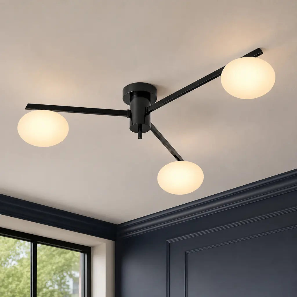Clees mid-century white glass flush mount ceiling light, Black 3Head, installed SKU view