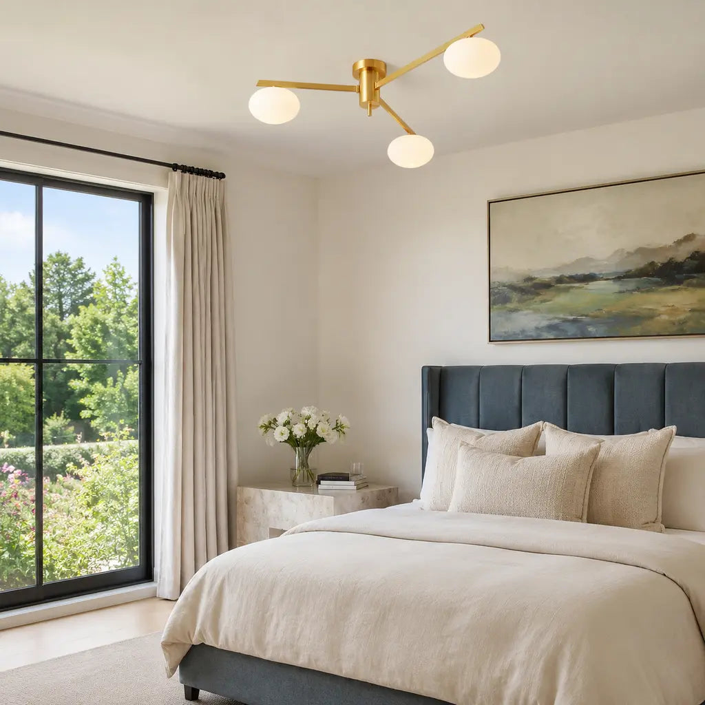 Clees mid-century white glass flush mount ceiling light, Brass 3Head, in a furnished room