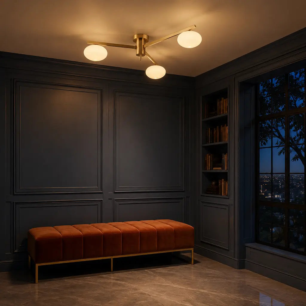 Clees mid-century white glass flush mount ceiling light, Brass 3Head, in a furnished room