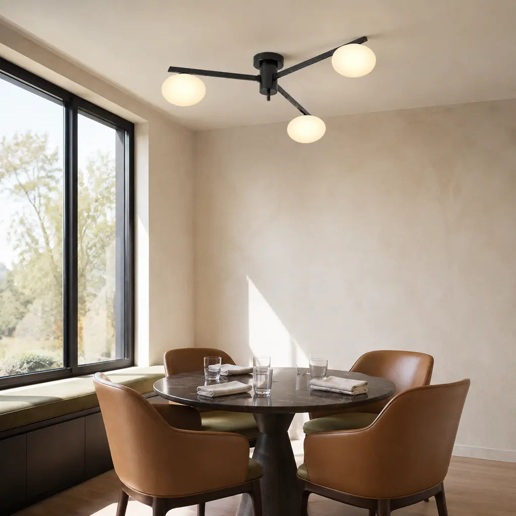 Clees mid-century white glass flush mount ceiling light, Black 3Head, in a furnished room