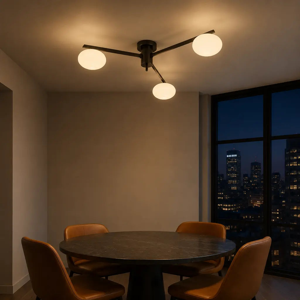 Clees mid-century white glass flush mount ceiling light, Black 3Head, in a furnished room