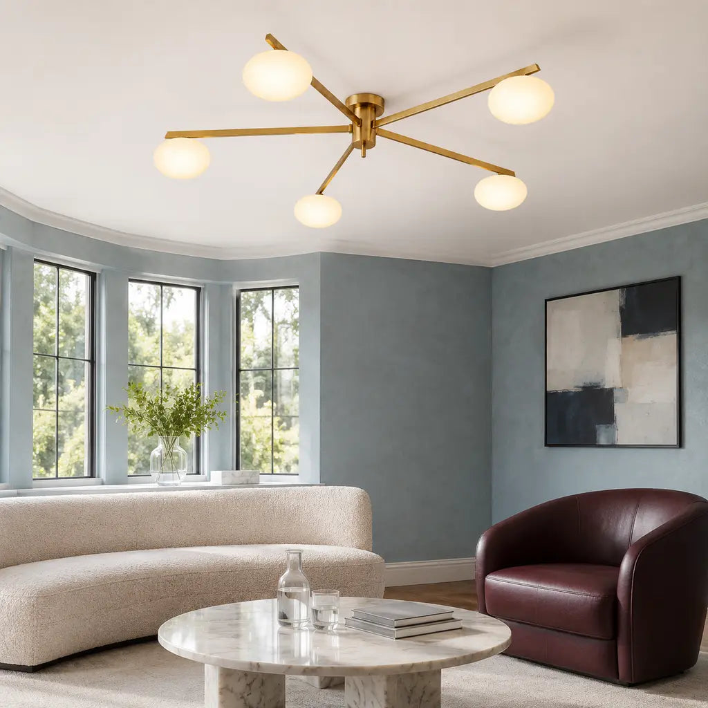 Clees mid-century white glass flush mount ceiling light, Brass 5Head, in a furnished room