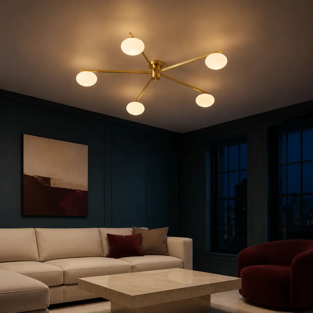 Clees mid-century white glass flush mount ceiling light, Brass 5Head, in a furnished room