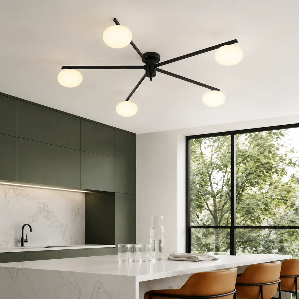Clees mid-century white glass flush mount ceiling light, Black 5Head, in a furnished room