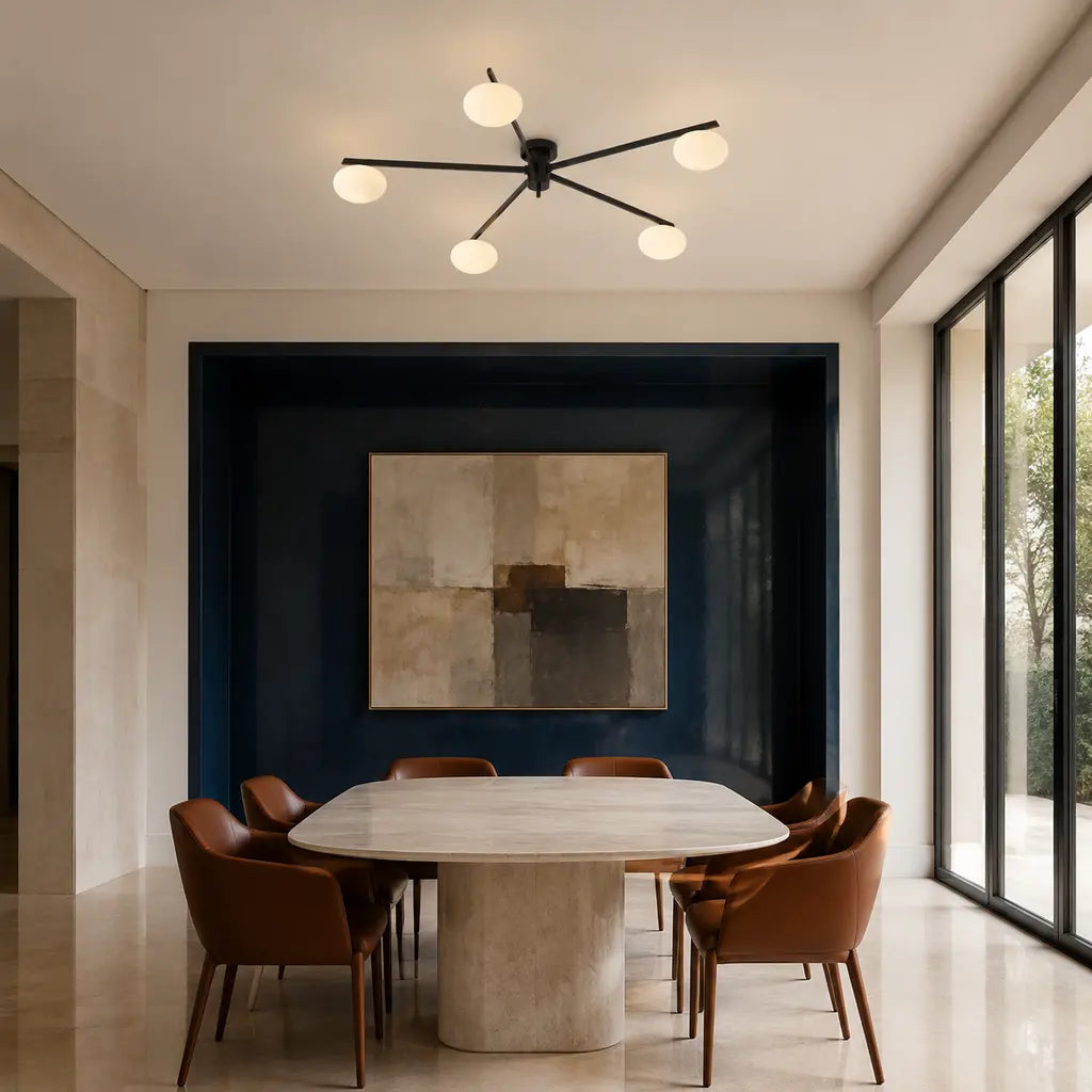 Clees mid-century white glass flush mount ceiling light, Black 5Head, in a furnished room