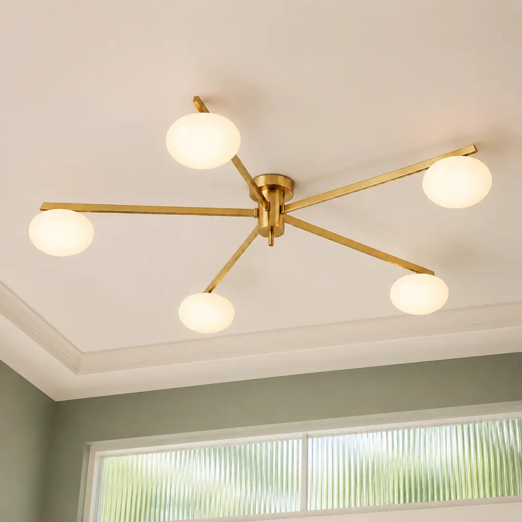 Clees mid-century white glass flush mount ceiling light, Brass 5Head, installed SKU view