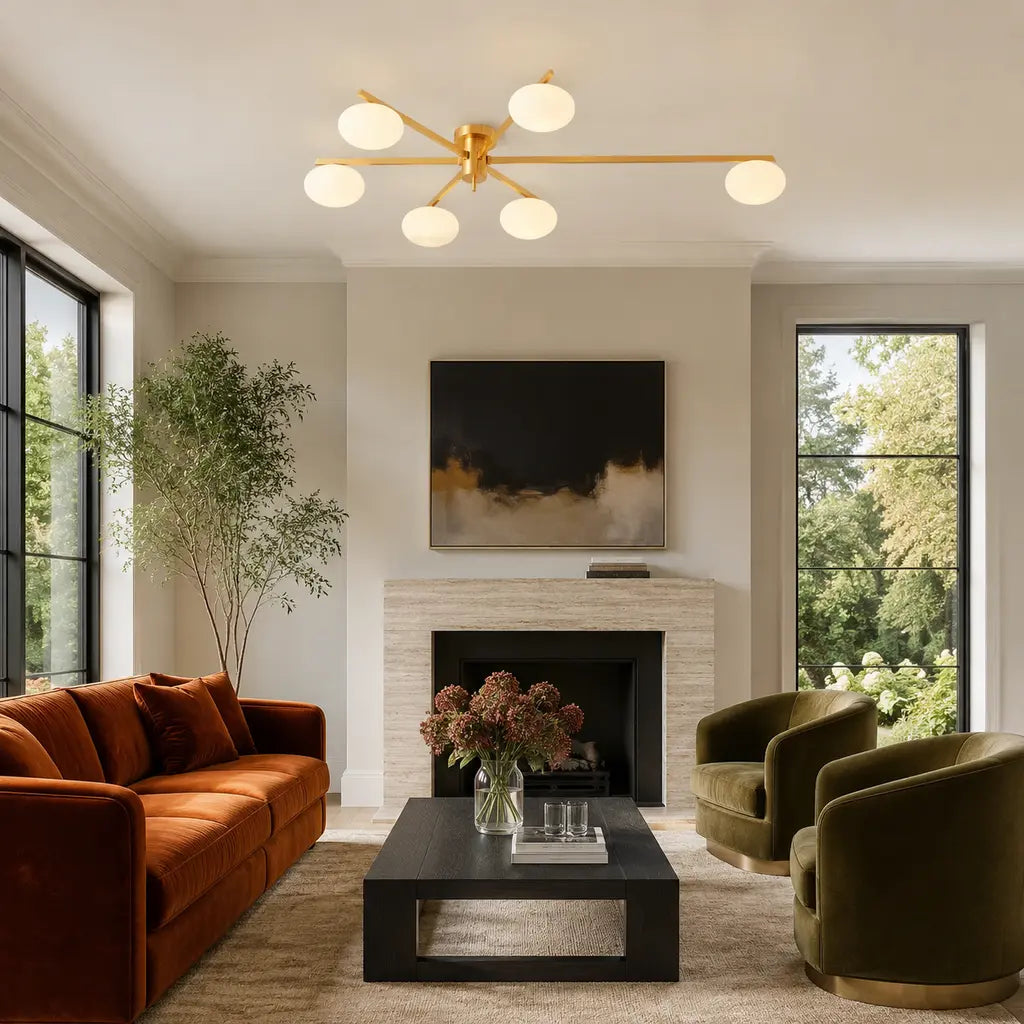 Clees mid-century white glass flush mount ceiling light, Brass 6Head, in a furnished room