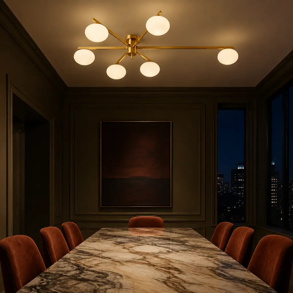 Clees mid-century white glass flush mount ceiling light, Brass 6Head, in a furnished room