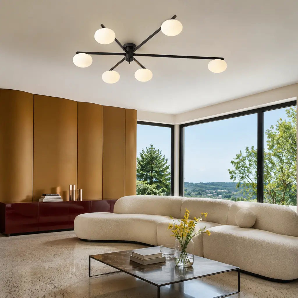 Clees mid-century white glass flush mount ceiling light, Black 6Head, in a furnished room