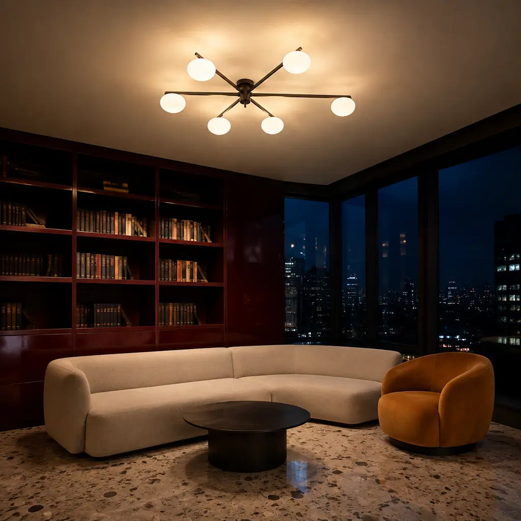 Clees mid-century white glass flush mount ceiling light, Black 6Head, in a furnished room