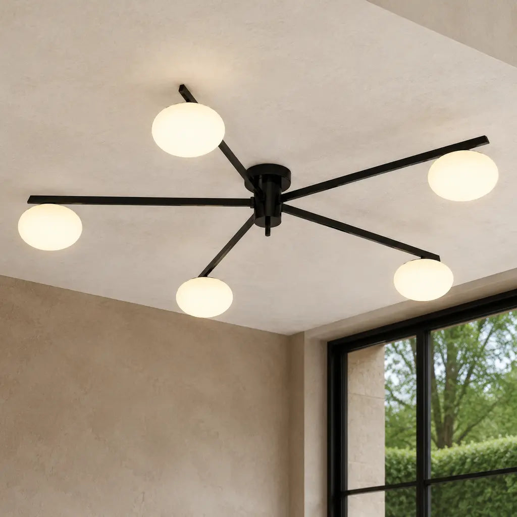 Clees mid-century white glass flush mount ceiling light, Black 5Head, installed SKU view