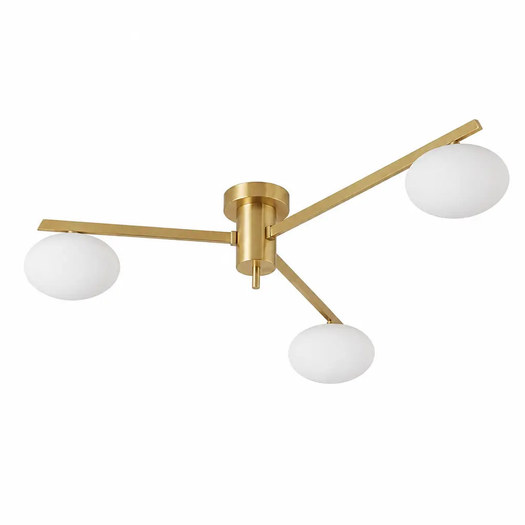 Clees mid-century white glass flush mount ceiling light, Brass 3Head, switched off against a white background