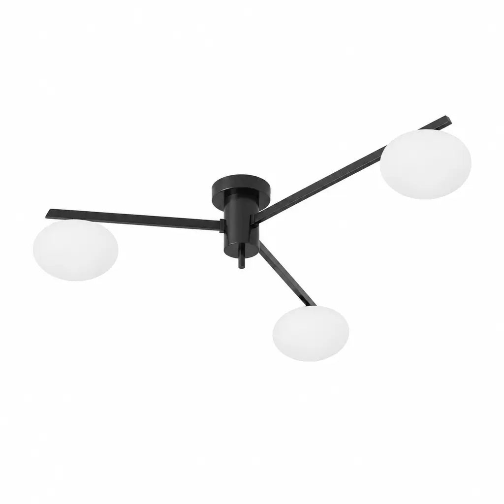 Clees mid-century white glass flush mount ceiling light, Black 3Head, switched off against a white background