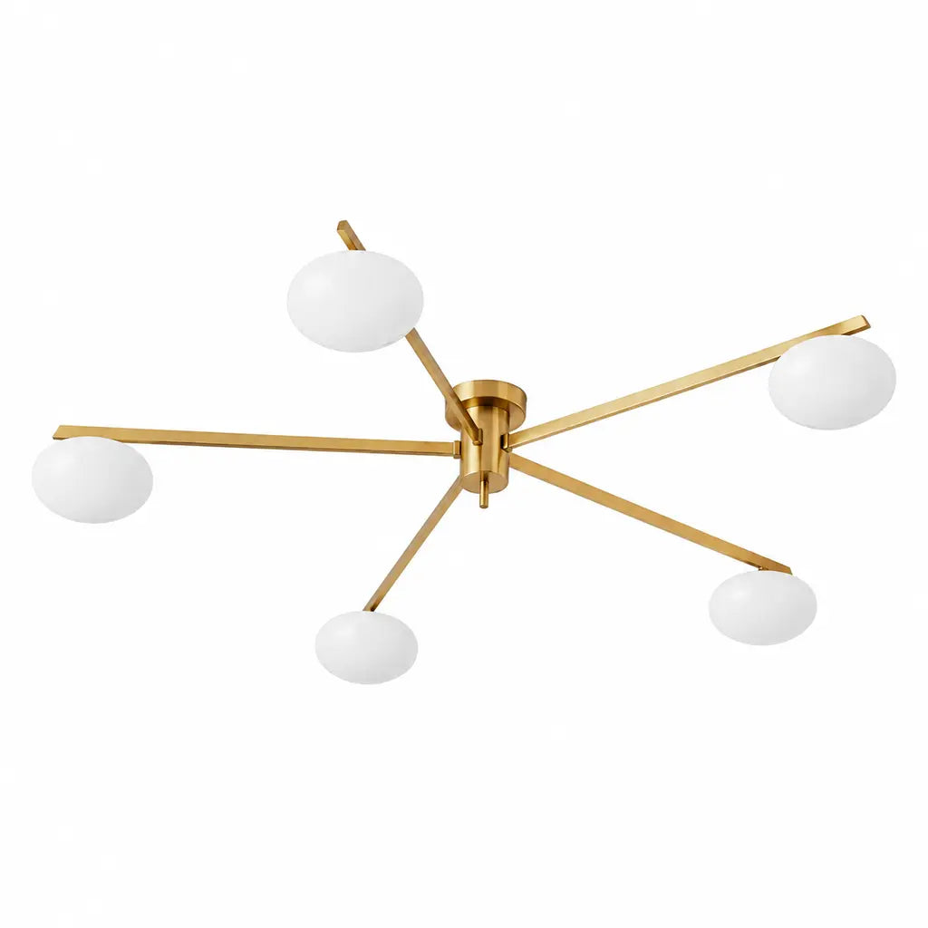 Clees mid-century white glass flush mount ceiling light, Brass 5Head, switched off against a white background