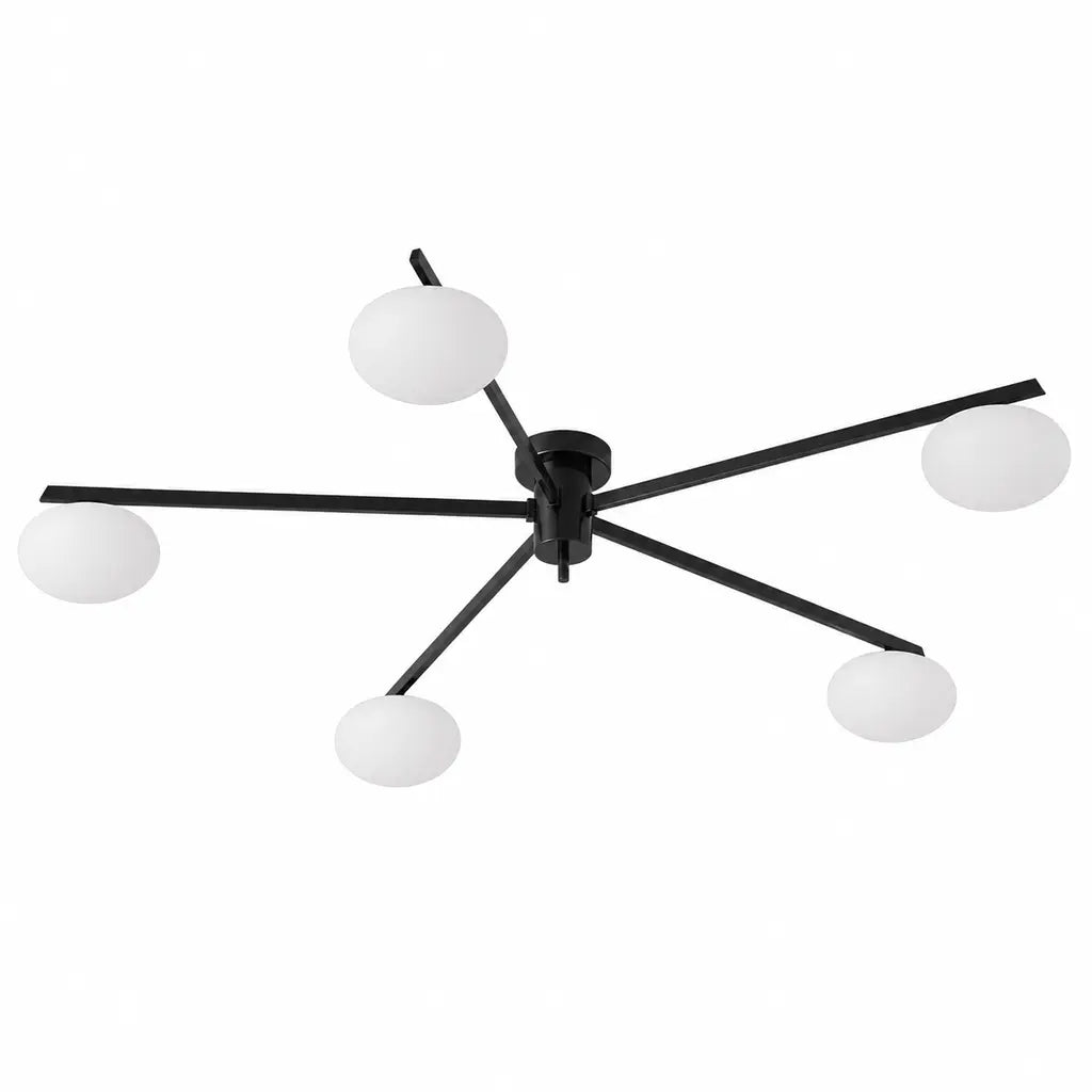 Clees mid-century white glass flush mount ceiling light, Black 5Head, switched off against a white background