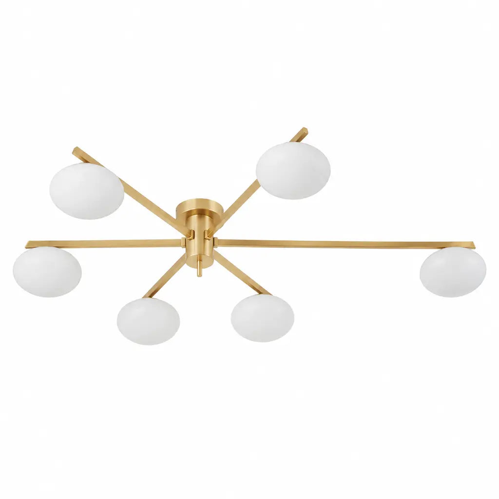 Clees mid-century white glass flush mount ceiling light, Brass 6Head, switched off against a white background