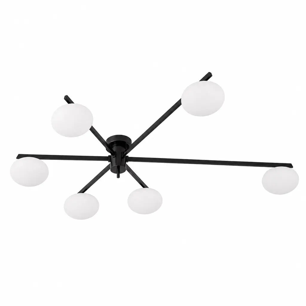 Clees mid-century white glass flush mount ceiling light, Black 6Head, switched off against a white background