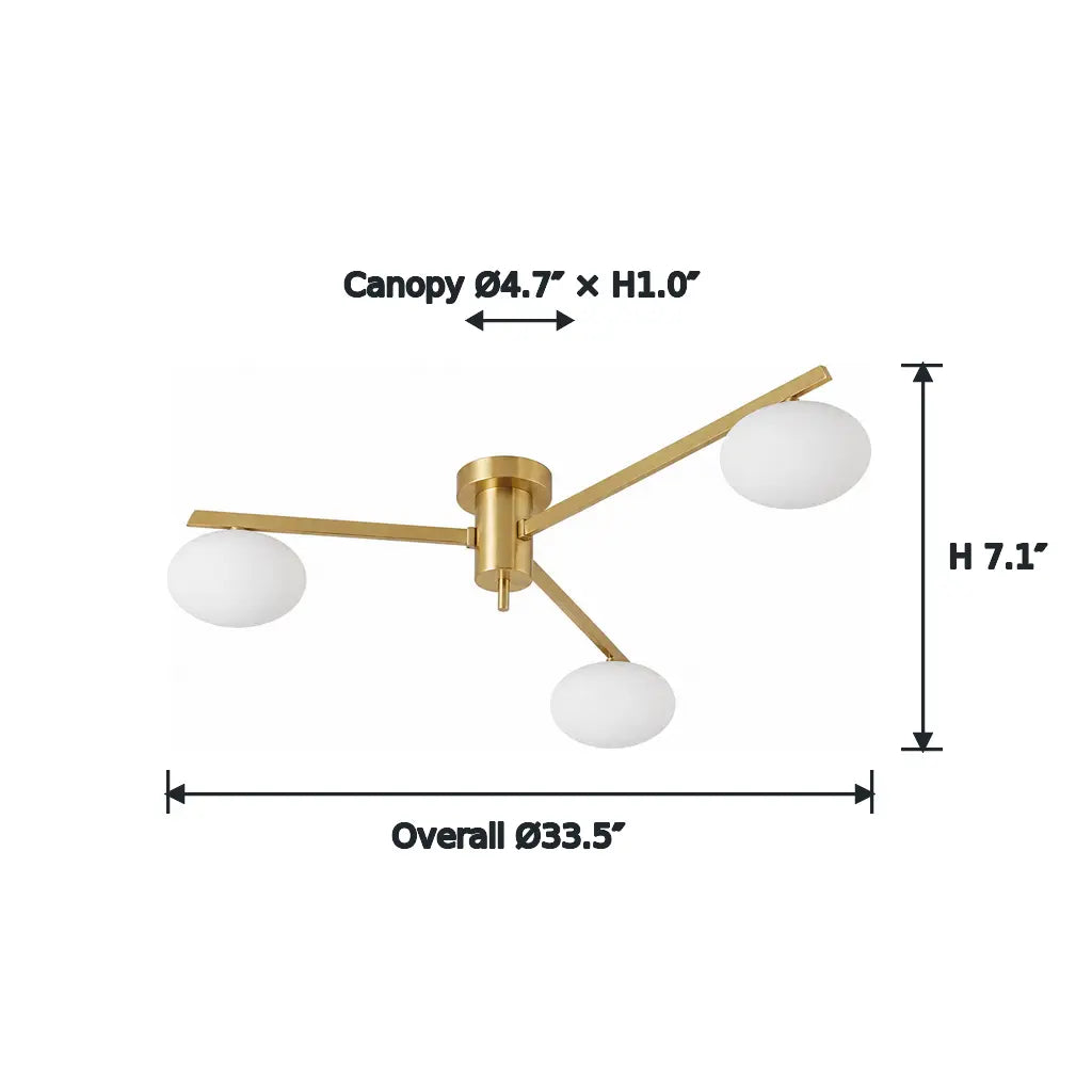 Clees mid-century white glass flush mount ceiling light, 3 Head, 3 Head dimension diagram
