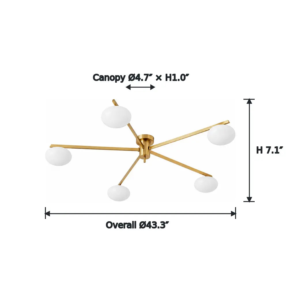 Clees mid-century white glass flush mount ceiling light, 5 Head, 5 Head dimension diagram