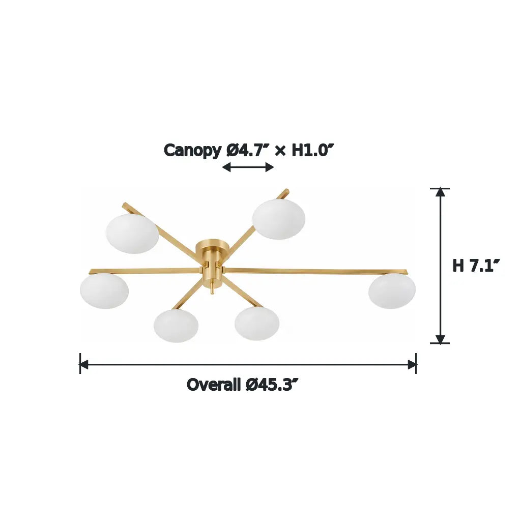 Clees mid-century white glass flush mount ceiling light, 6 Head, 6 Head dimension diagram