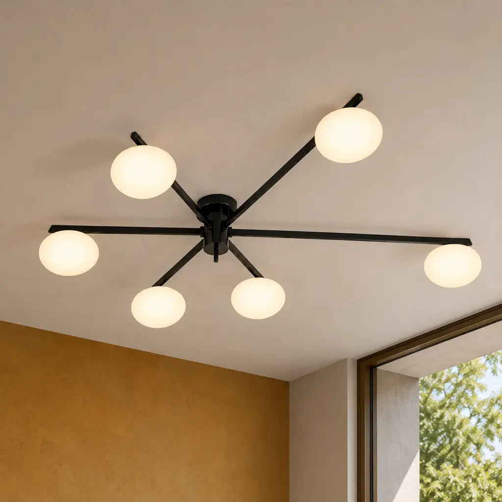 Clees mid-century white glass flush mount ceiling light, Black 6Head, installed SKU view