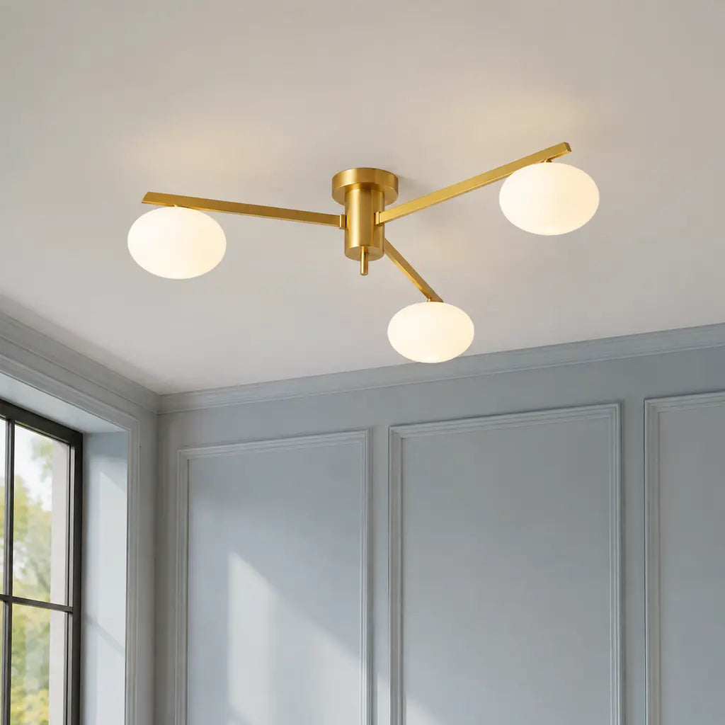 Clees mid-century white glass flush mount ceiling light, Brass 3Head, installed close view
