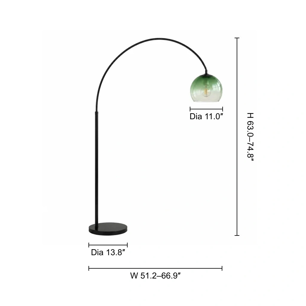 Corbin Modern Arched Green Glass Floor Lamp, dimensions in inches