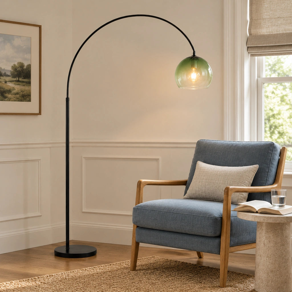 Corbin Modern Arched Green Glass Floor Lamp, close close 1