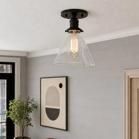 Corisande Industrial Clear Glass Cone Semi-Flush Ceiling Light