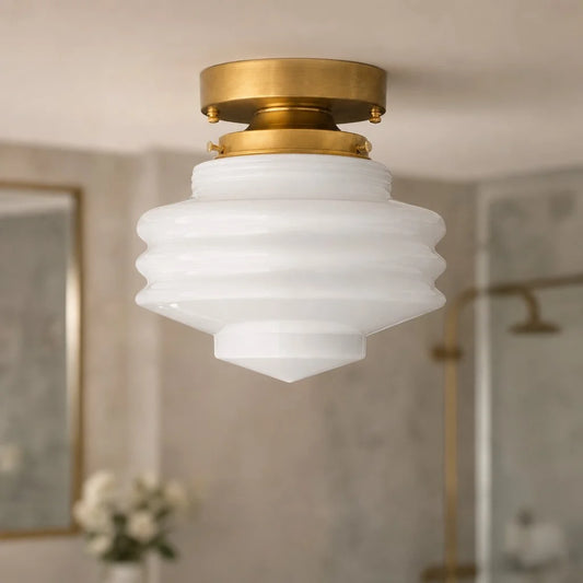 Cuenr Art Deco Tiered Rippled Milk Glass Ceiling Light