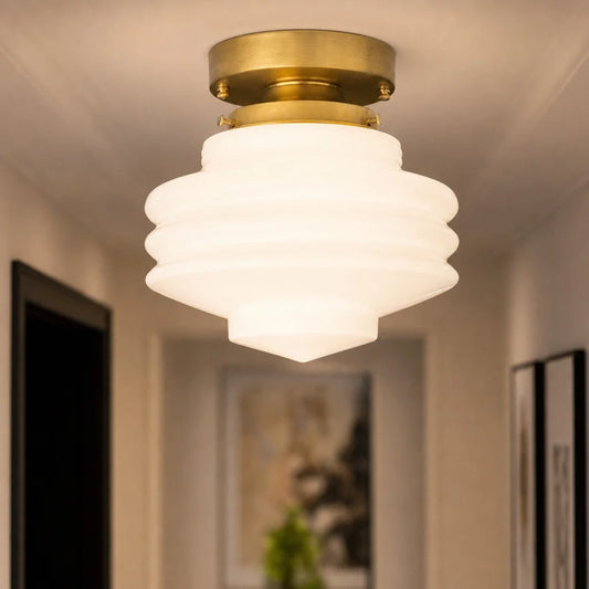 Cuenr Art Deco Tiered Rippled Milk Glass Ceiling Light