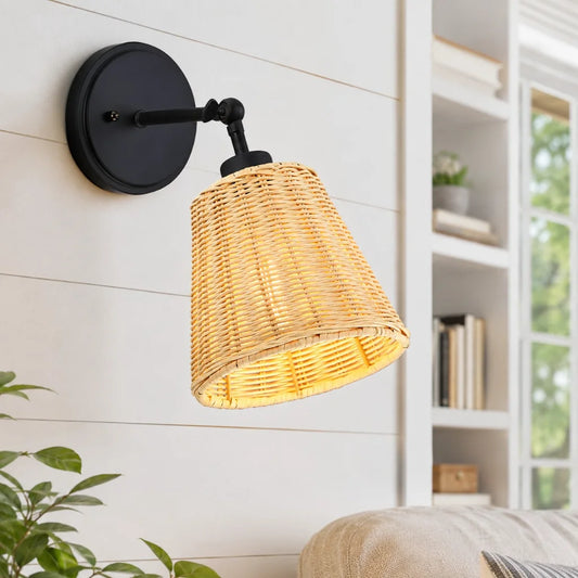 Cyra Rustic Rattan Cone Swing Arm Wall Sconce