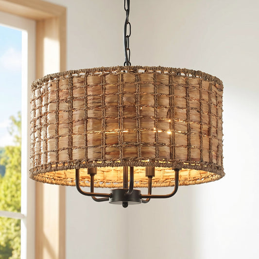 Daphne Rustic Bohemian Rattan Drum Pendant Light