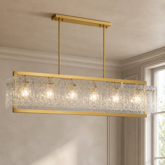 Darien Modern Luxury Brass Ripple Glass Rectangular Chandelier