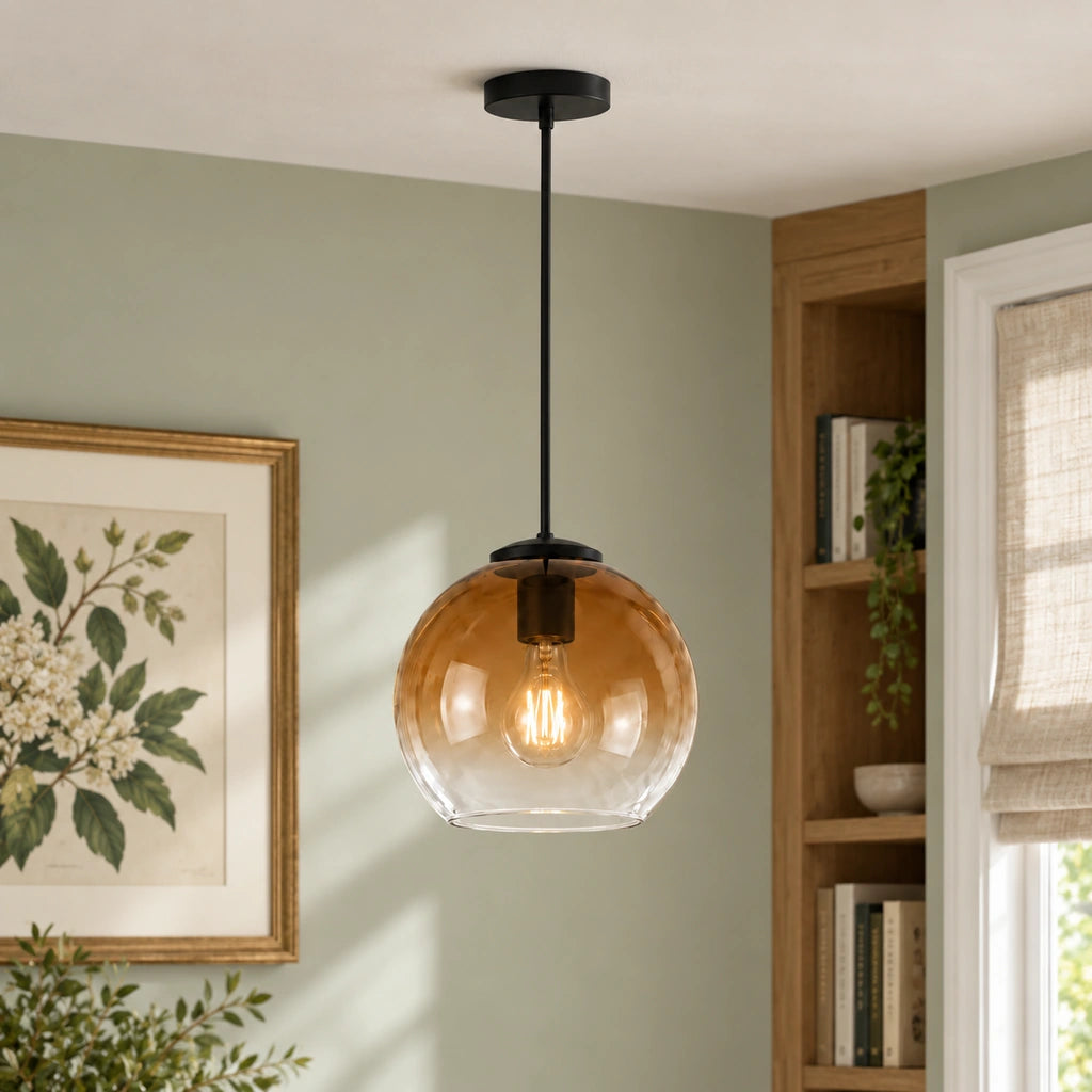 Desmond Modern Glass Globe Pendant Light, Amber / 1-Light, SKU image with layered residential background