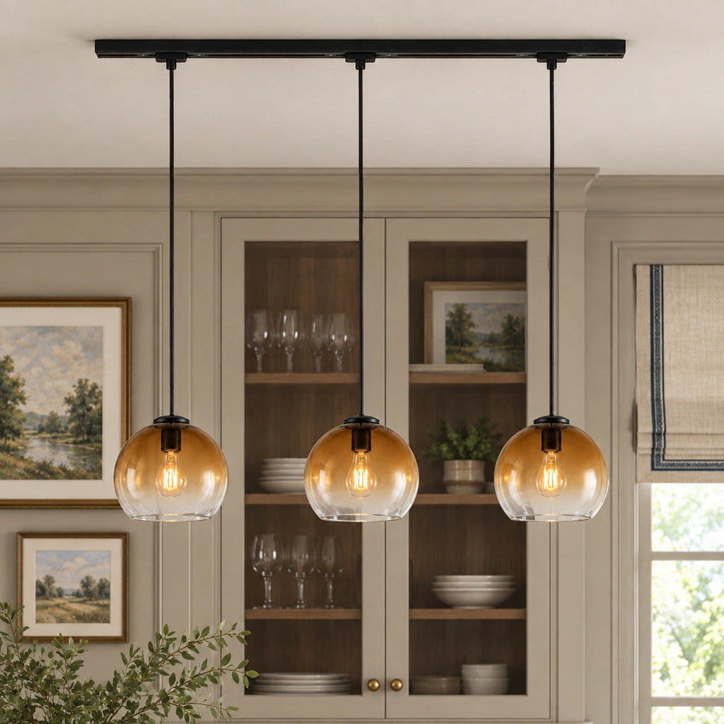 Desmond Modern Glass Globe Pendant Light, Amber / 3-Light, SKU image with layered residential background