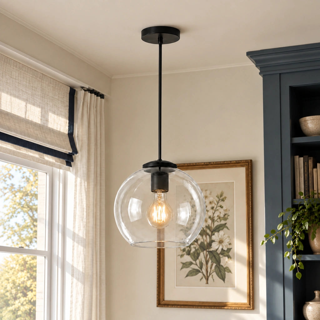 Desmond Modern Glass Globe Pendant Light, Crystal Transparent / 1-Light, SKU image with layered residential background